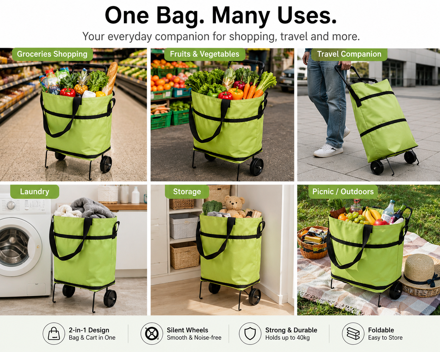 EcoFriendly Foldable Shopping Bag with Wheels ( Set of 2 )